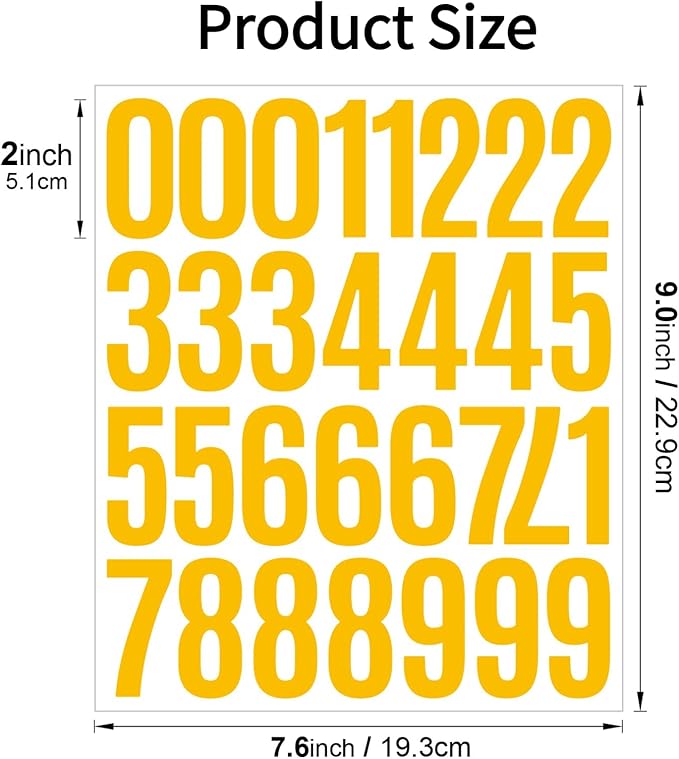 10 Sheets Vinyl Mailbox Number Stickers - Self-Adhesive Address Labels for Cars, House Doors, Windows & Metal Mailboxes (Yellow, 2 inch)