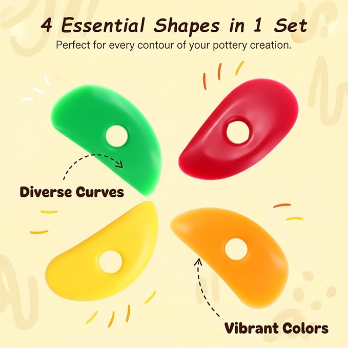 LXUEJIE 4 Pcs Pottery Rib, Soft Silicone Pottery Ribs Set (Red, Green, Orange, Yellow), Ceramic Mud Shaping Trimming Tools for Sculpting, Throwing, Wheel Work