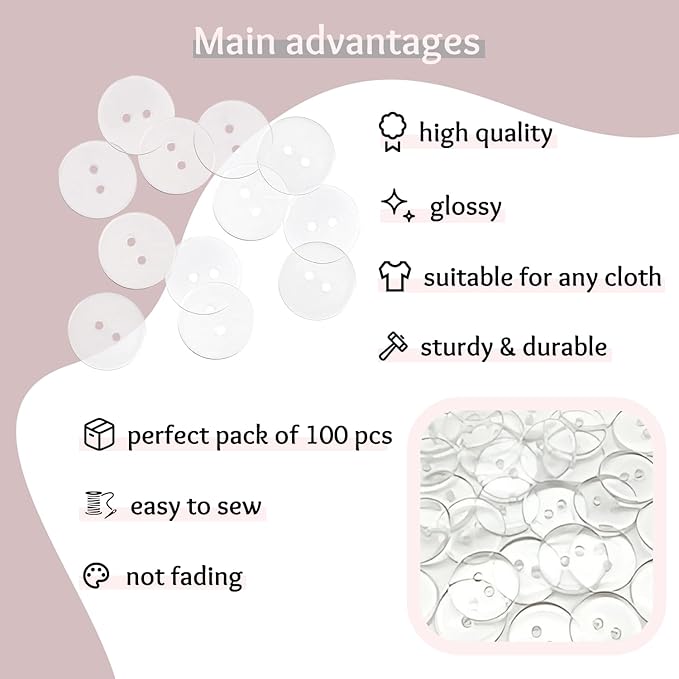 Clear Buttons Pack of 100 Transparent Buttons for Sewing 0.45" (12 mm) 2 Hole Crafts Bulk Sewing 18L Round Plastic Ideal for Dress Pants Shirt Skirt Blouse Craft DIY