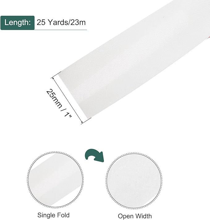 MECCANIXITY 1 Inch Single Fold Bias Tape Polyester Continuous Bulk Bias Tape for Sewing,Seaming Quilting Hemming Binding Crafts (White 25 Yards)