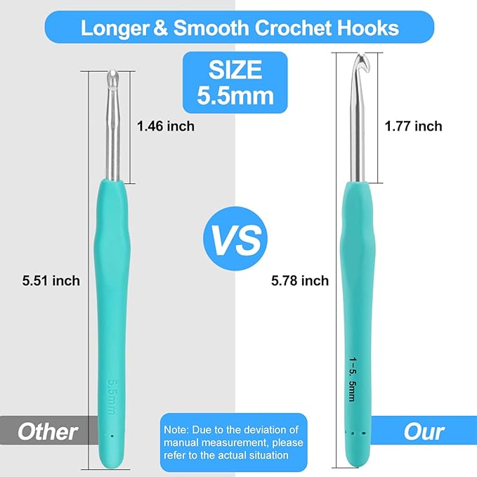 Vodiye 10PCS Crochet Hooks, Professional Extra Long  5.5mm Crochet Hook, Ergonomic Handle Crochet Hooks Set, Crochet Needle for Beginners and Experienced Crochet Hooks Lovers (10pcs - 5.5mm)