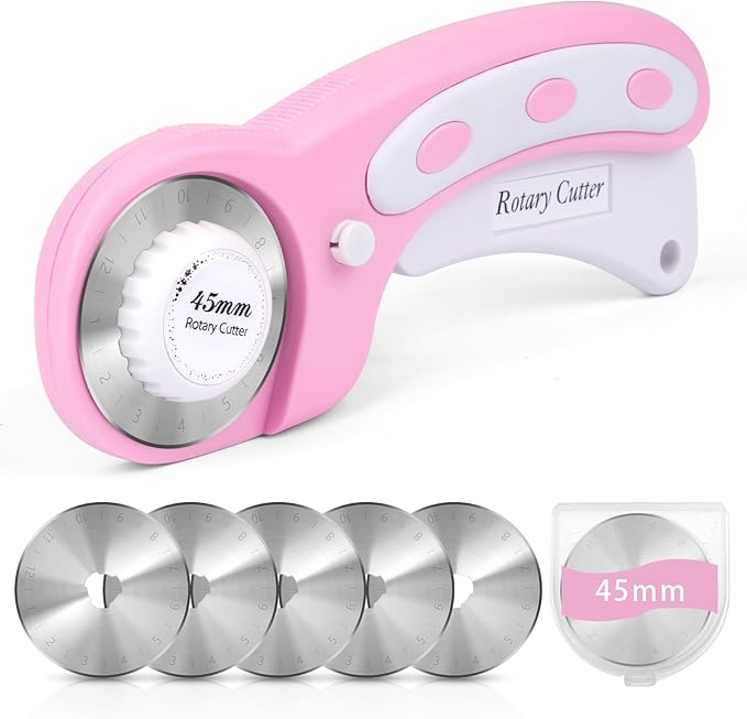45mm Rotary Cutter for Fabric, Fabric Cutters with 5pcs Extra Rotary Blades, Roller Cutter Set for Sewing, Quilting, Leather & Craft Projects (Pink)