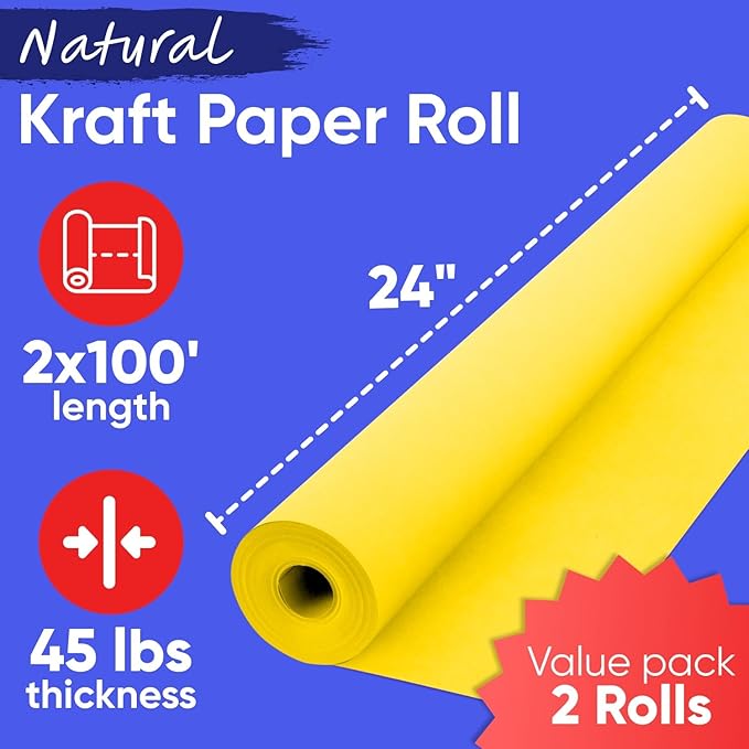 24" x 1200" (100 ft) Yellow Kraft Paper Roll (Value Pack of 2), 45 lbs Thickness, Made in USA Colored Kraft Paper for School, Bulletin Board - Odorless, Non-Toxic, Safe for Kids