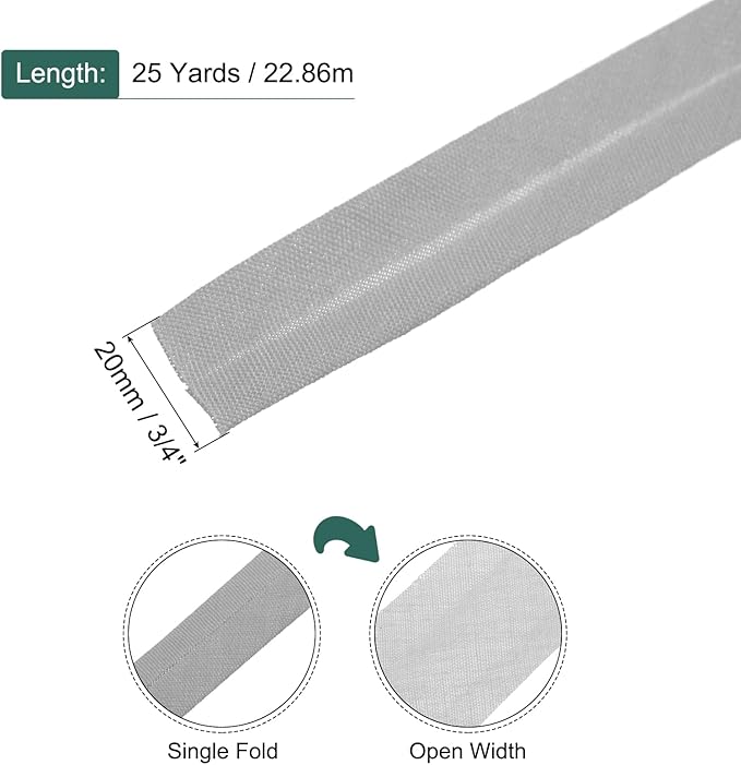 MECCANIXITY 3/4 Inch Single Fold Bias Tape Polyester Continuous Bulk Bias Tape Roll for Sewing, Seaming Quilting Hemming Binding Crafts (Gray 25 Yards)