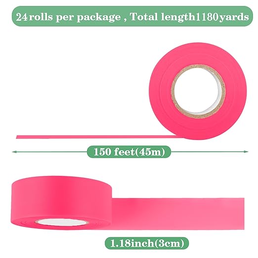 24 Pack Fluorescent Pink Flagging Tape, Non-Adhesive Plastic Ribbon Neon Marking Roll, 1.18 in. x 150 ft, Marking Tape for Hunting, Tree Marking, Trail Marking, Boundaries Hazardous Areas