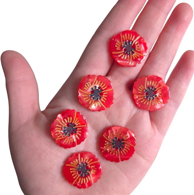 Red Poppy Shaped Buttons for Crafts,Acetate Button for Clothes,Buttons for Sewing,Button Bulk,Pack of 6