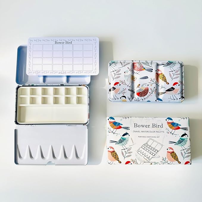 Bower Bird Travel Watercolor Palette,Portable Ceramic Palette,Empty Paint Palette,Small Travel Metal Paint Boxwith Porcelain Palette
