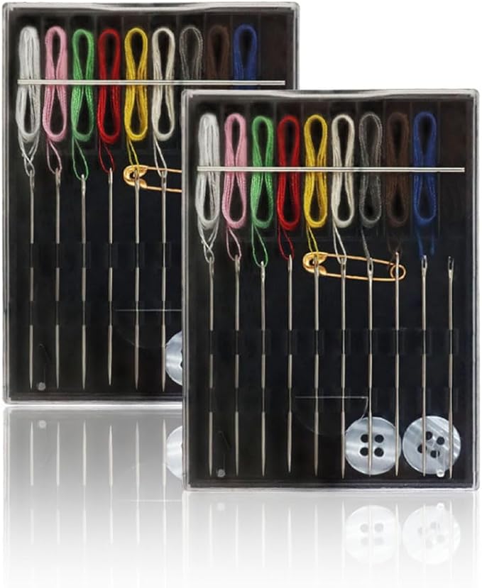 2 Boxes Easy Pre Threaded Needle Kit, Prethreaded Sewing Kits, Small Home Travel Sewing Box with Pin Button, Box Each Box with 10 Pieces