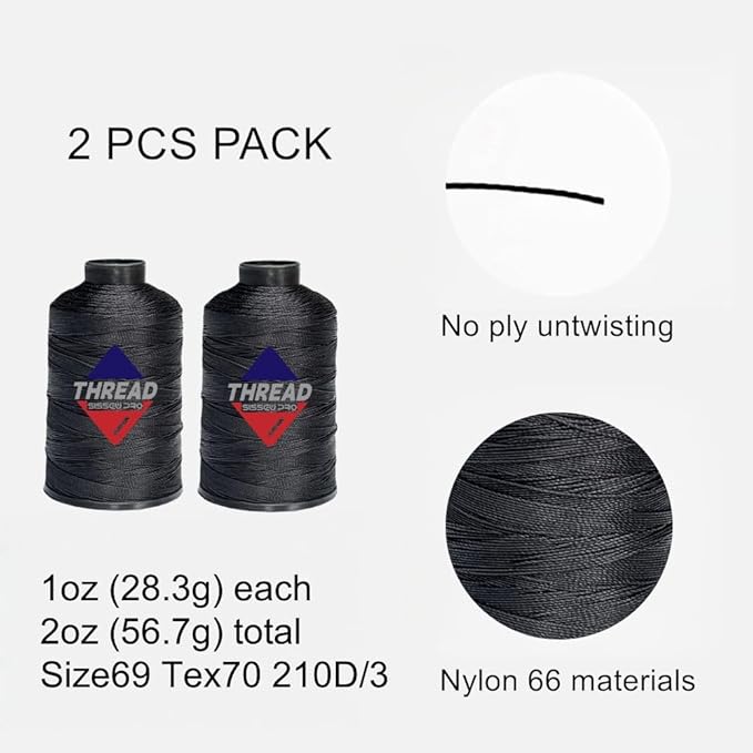 Sissewpro 1oz 375 yds Each 2 Pack Tex70 Bonded Nylon Thread 69 Upholstery Thread Heavy Duty Threads for Leather Sewing Machine, Beading, Hair Weaving, Denim, Canvas,Webbings 2oz Total（2, Black）