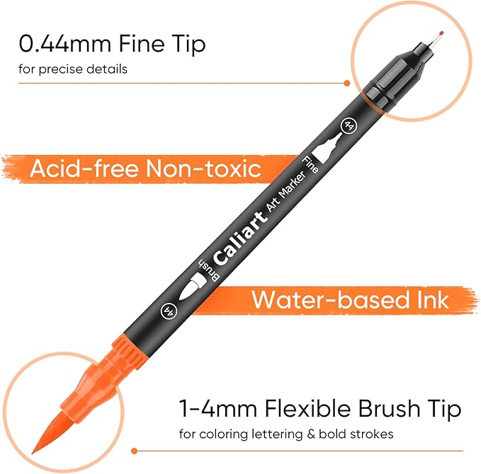 Caliart 34 Double Tip Brush Pens Art Markers, Artist Fine & Brush Pen Coloring Markers for Adult Book Cards Drawing Craft Kit Teacher Office Supplies
