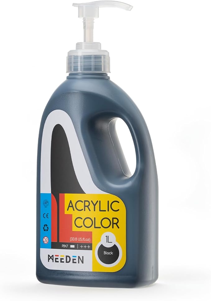 MEEDEN Black Acrylic Paint: 1 L /33.8 oz Black Liquid Paint with Pump Lid - Soft Body Art Paints for Canvas, Studio, School, Wall & Poured Paintings