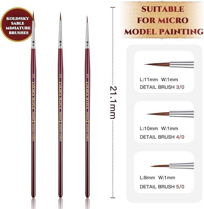 Kolinsky Sable Miniature Paint Brushes - Golden Maple Professional Ultra Fine Point Brush for Miniature, Model Painting & Watercolor Details - Size 3/0 4/0 5/0