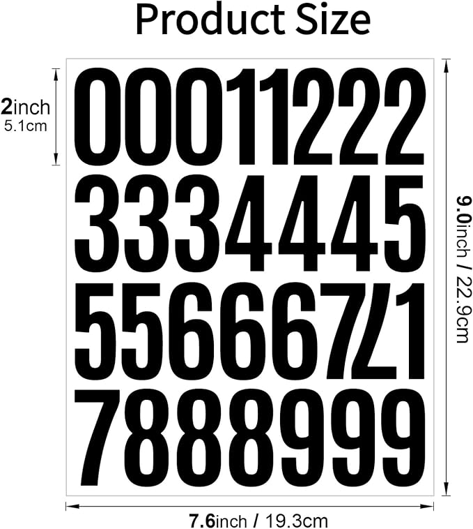 10 Sheets Vinyl Mailbox Number Stickers - Self-Adhesive Address Labels for Cars, House Doors, Windows & Metal Mailboxes (Black, 2 inch)