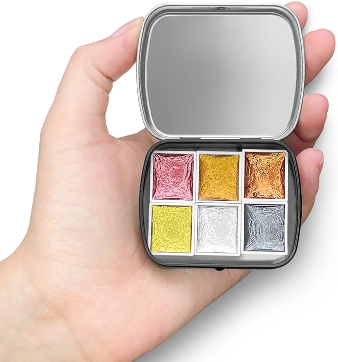 qianshan Mini Portable Handmade Artist Watercolor Paint Travel Tin Box Set with 6 Metallic Pearlescent Glitter Solid Watercolor Half Pans Sparkle Professional Watercolor.Gold