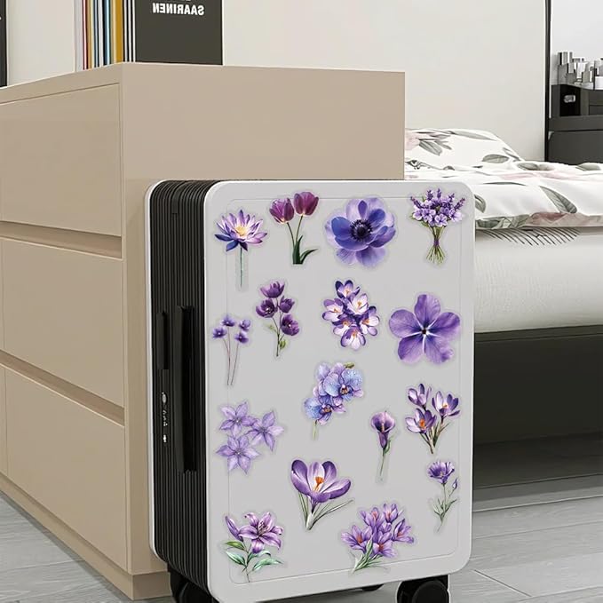 50pcs Purple Flower Transparent Stickers for Scrapbooking – Aesthetic Watercolor Floral Sticker Pack for Journaling, Resin Crafts, Laptop, Clear Botanical Decals