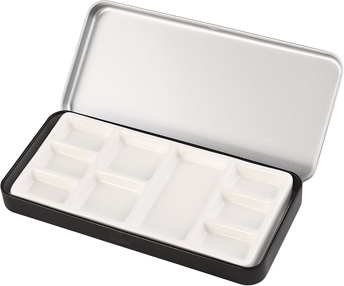 Travel Watercolor Palette, Portable Ceramic Palette 9 Well, Watercolor Palette with Lid, Empty Wet Palette Metal Paint Box with Porcelain Palettes(Black Box)