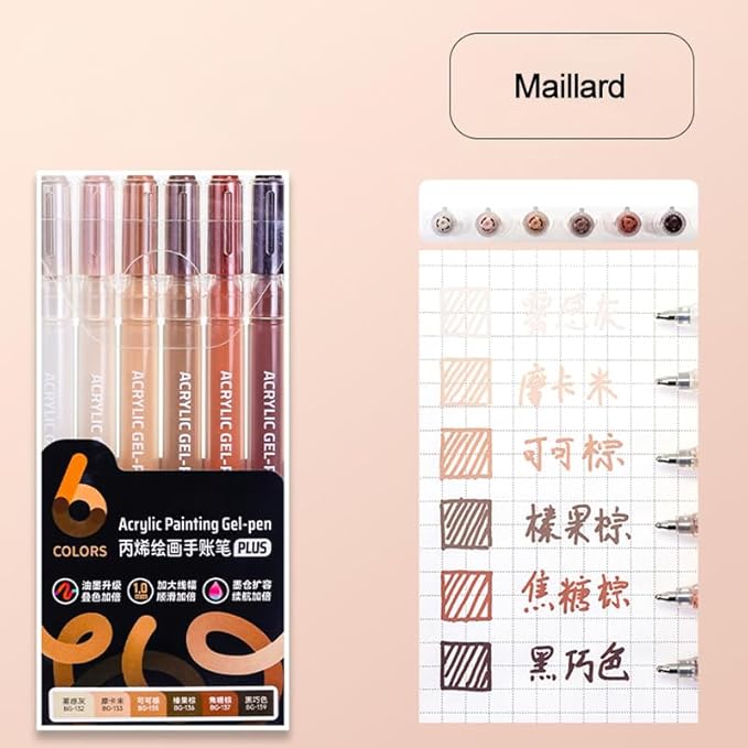 Acrylic Gel Pens for Coloring Books, Quick Dry 6 Pcs 1.0mm Fine Point Gel Marker Pen for Drawing, Journaling Art, Maillard