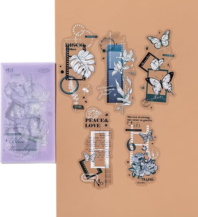 MAFELOE Scrapbook Stickers of 10 Pieces, PET Aesthetic Deco Stickers Journaling Supplies for Junk Bullet Bottles Laptop- Film Memoirs Series-B