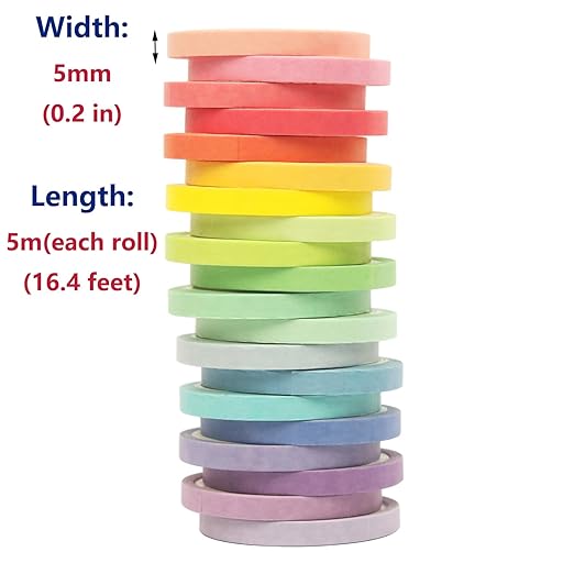 20 Rolls Washi Masking Tape Set, 5mm 110 Yards Colorful Rainbow Pastel Washi Tape Set, Skinny Thin Decorative Colored Washi Craft Tape for Bullet Journal DIY Planner Crafts Scrapbook Designs