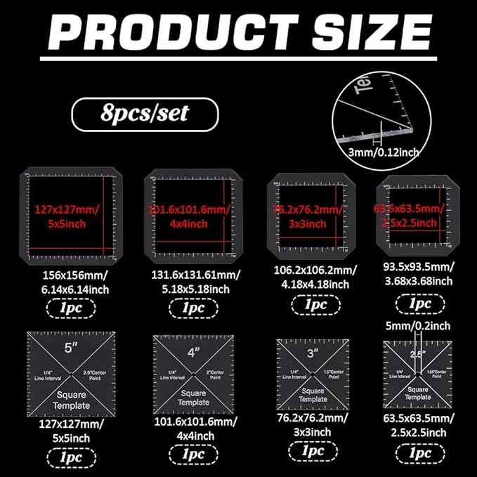 BENECREAT 8pcs Square Quilting Template, 2.5/3/ 4/ 5inch Acrylic DIY Quilt Block Guide for DIY Hand Patchwork Cutting Craft, 2.7mm Thick