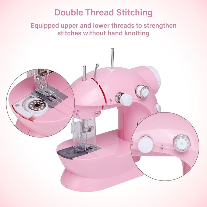Sewing Machine for Beginners with Expansion Table and Foot Pedal and 42Pcs Sewing kit Finger Guard & Light Mini Small Portable Sewing Machines 2-Thread 2-Speed 2-Switches for Kids Ages 8-12 Peach Pink