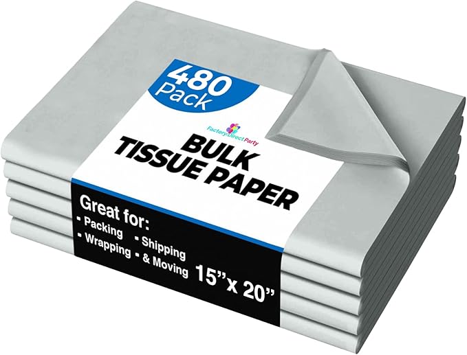 Party Solids Gray Tissue Paper for Gift Bags - 15" X 20" Bulk Tissue Paper Gray 480 Sheets - 10lb Newsprint for Packing, Birthday Gift Box Filler, Packing Supplies for Moving Supplies