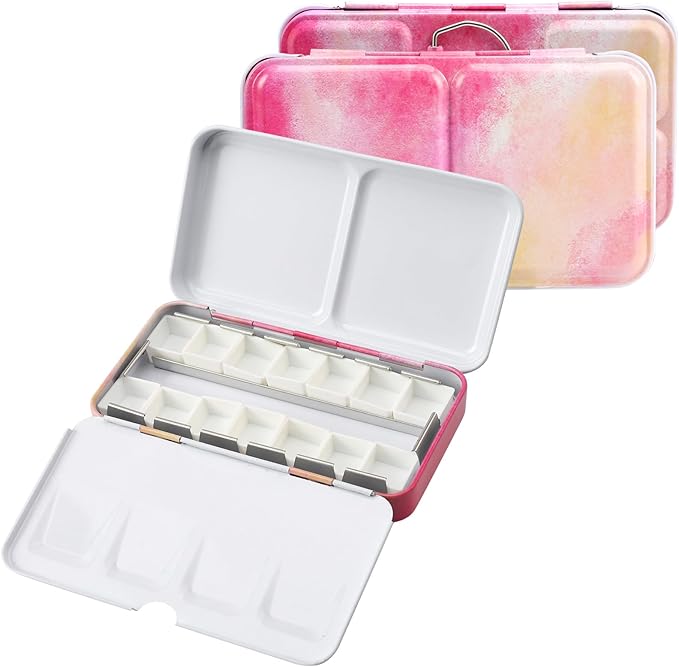 Pink Watercolor Tin Palette with 14 Empty Half Pans - Sturdy Travel Palette for Gouache, Watercolor, Acrylic Painting