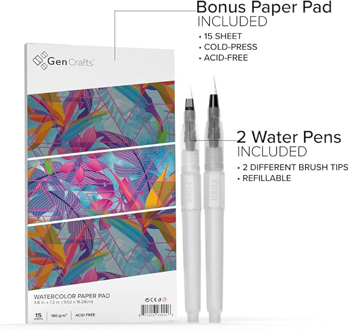 GenCrafts Watercolor Palette with Paper Pad 24 Premium Colors - 2 Refilable Water Brush Pens - 15 Sheets of Water Color Paper - Portable Painting