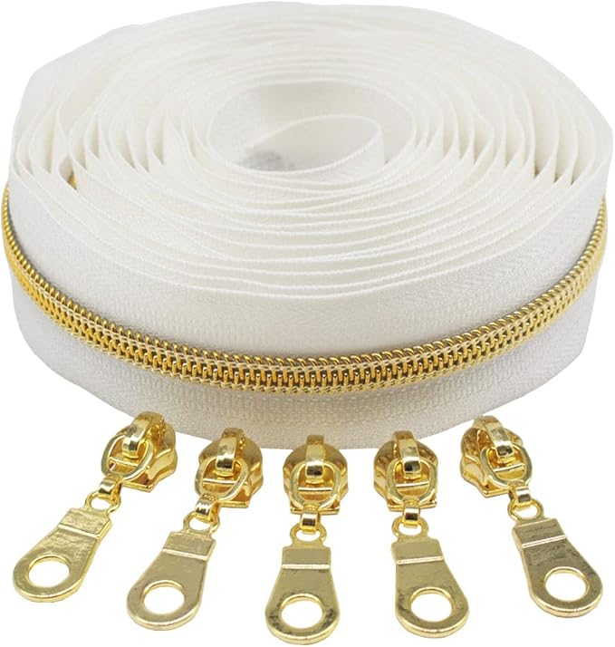MebuZip #5 Gold Metallic Nylon Coil Zippers by The Yard Bulk Coil Zipper Roll 10 Yards with 25pcs Pulls for DIY Sewing Craft Bags (White)