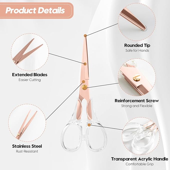 Honagu Premium Acrylic Handle Scissors -Stainless Steel Blades, Precision Cutting, Ergonomic Design, Ideal for Home, Office, and Craft Use - 2 Pack (Rose Gold)