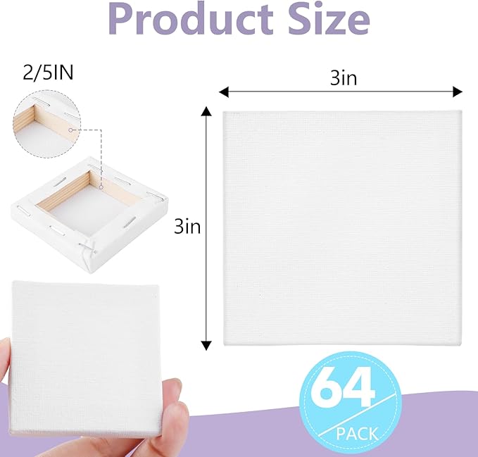 ESRICH Mini Canvases for Painting, 3x3IN Canvas in Bulk 64Pack, 2/5In Profile Small Square Canvas, Blank Canvases are Great for School Projects and Kids Birthday Parties, Home Decor Project.