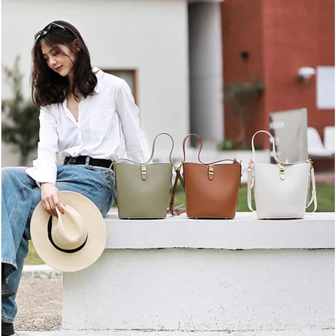 POPSEWING Leather Simple Bucket Crossbody Bag Kits, DIY Shoulder Purse with Sewing Kit, DIY Handmade Bag Kit for Mom Girlfriend (White)