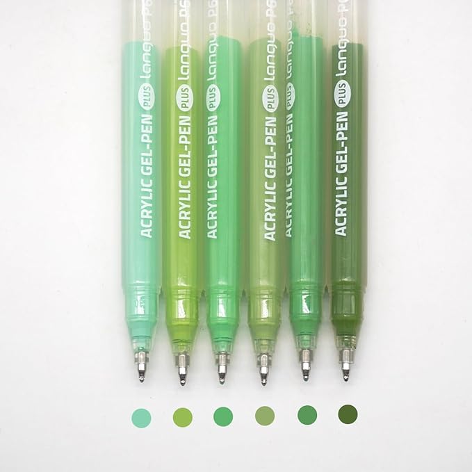 Acrylic Gel Pens for Coloring Books, Quick Dry 6 Pcs 1.0mm Fine Point Gel Marker Pen for Drawing, Journaling Art, Green