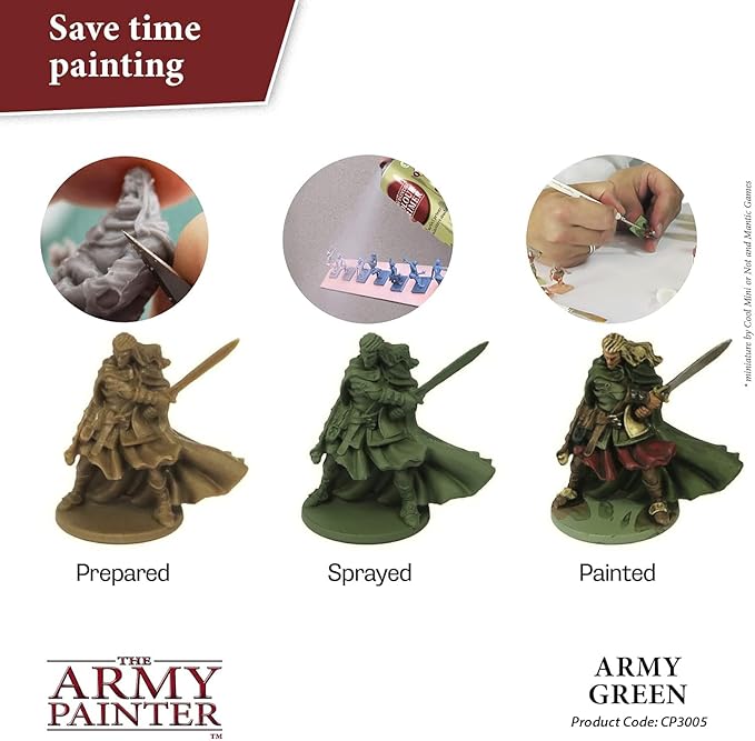 The Army Painter, Base Primer Army Green, 400 mL Acrylic Spray Primer, Spray Paint Basecoat for Miniature Priming, Tabletop Roleplaying, Boardgames, and Wargames Miniature Modellin