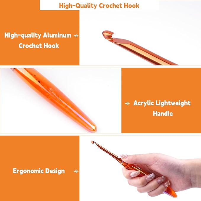 BsHooker 7mm Crochet Hook,Inline Crochet Hook with Ergonomic Acrylic Handle for Arthritic Hands,Extra Long Knitting Needles for Crocheting Yarn,Stainless Steal Polished Hook Head for Beginner