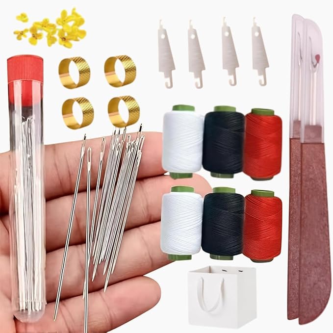 34PCS Big Eye Steel Needles Set, Stainless Steel Sewing Needle Kit, Needles Thread Hand Repair Kit, Needle Threader and Hand Sewings Set, Portable Travel Working