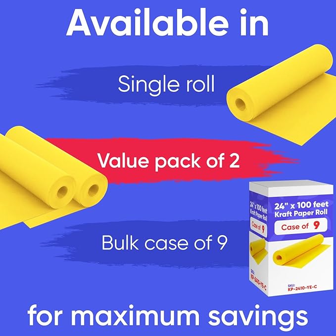 24" x 1200" (100 ft) Yellow Kraft Paper Roll (Value Pack of 2), 45 lbs Thickness, Made in USA Colored Kraft Paper for School, Bulletin Board - Odorless, Non-Toxic, Safe for Kids