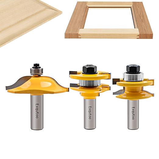 Exqutoo 3PCS 1/2" Shank Router Bit Set, Raised Panel Cabinet Door Making Router Bits, Cemented Carbide Router Bits, Woodworking Tools Router Door & Window Bits (Tenon Joint Cutter Diameter: 1-3/4")