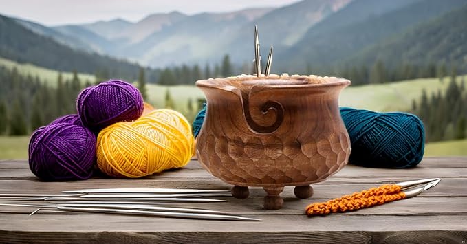 Wooden Large Yarn Bowl (7x4) – Handmade Pot-Shaped Yarn Holder for Crocheting & Knitting – Crochet Bowl for Yarn Ball Storage – Christmas Gift for Knitters & Crafters
