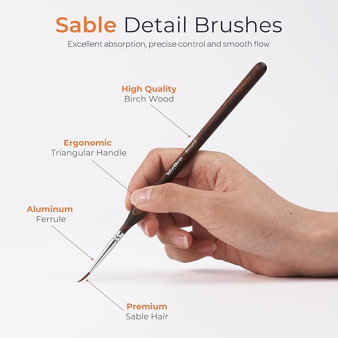Nicpro 7pcs Kolinsky Sable Miniature Paint Brushes, Professional Fine Detail Paint Brushes with Cloth Roll, Round Point Artist Brush Set for Miniatures, Acrylic & Figures, Model, Watercolor Details