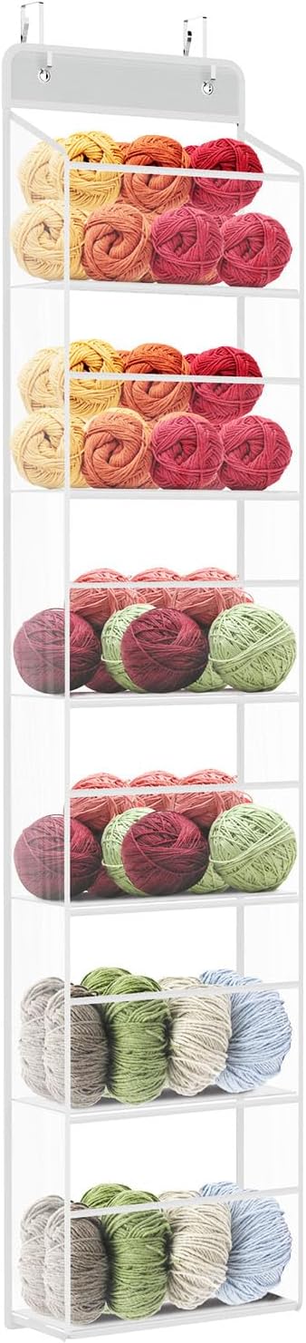 KEEGH Hanging Yarn Storage Organizer, Over Door Knitting and Crochet Storage Organizer with 6 Layer Clear Compartments, Hanging Yarn Holder for Crochet Hooks, Knitting Needles, Yarn Balls