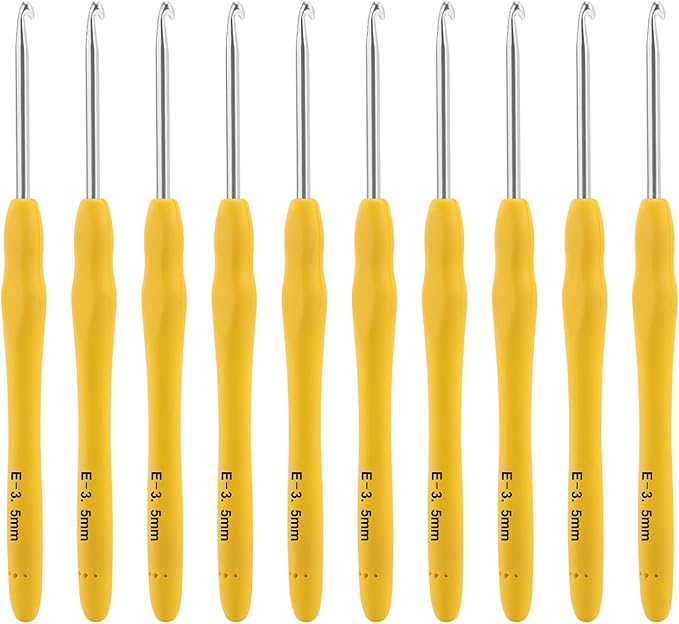 Vodiye 10PCS Crochet Hooks, Professional Extra Long 3.5mm, Ergonomic Handle, Crochet Needle for Beginners and Experienced, Yellow, Metal