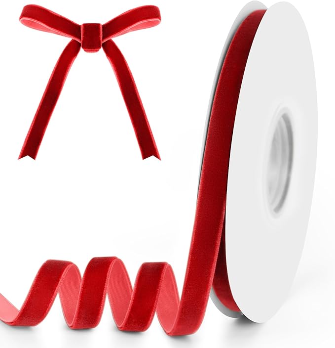 3/8" Wide x 10 Yards Velvet Ribbon, Vintage Single Face Velvet Ribbons for Gift Wrapping, Christmas Wrapping Bows, Wedding Decor, Sewing and More (Red)