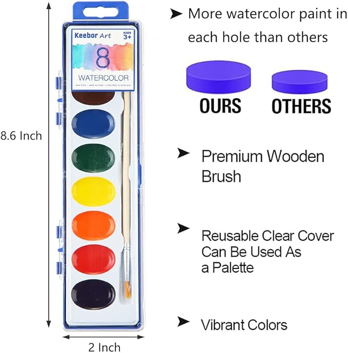 36 Pack Watercolor Paint Set, 8 Colors Washable Water Color with Paint Brush, Water Color Paint Sets for Kids and Adults, Party Favors, Christmas Gift