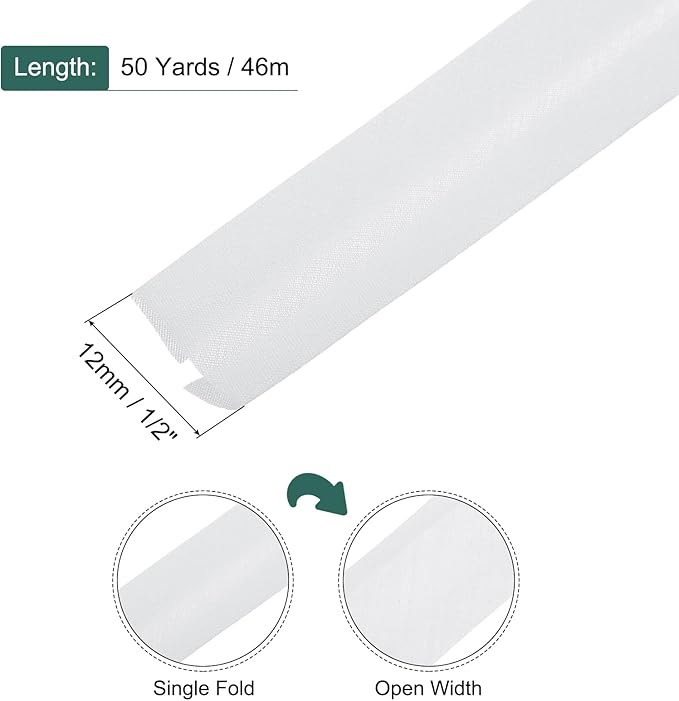 MECCANIXITY 1/2 Inch Single Fold Bias Tape Polyester Continuous Bulk Bias Tape for Sewing,Seaming Quilting Hemming Binding Crafts (White 50 Yards)