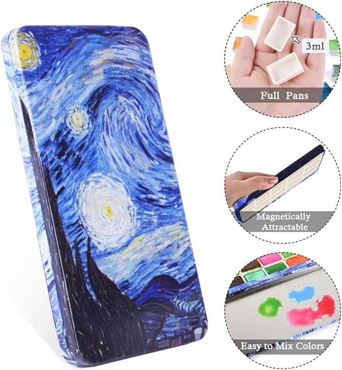 Portable Watercolor Paint Palette with Tins, Lightweight Empty Full Pans with Magnetic Squares, Metal Paint Tray Palettes for Travel, Acrylics Painting and Art, 20Full Pans,Star Sky