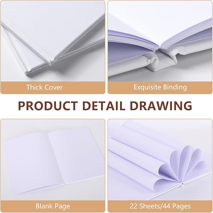 3 Pack 8.5x11 inch Hardcover Blank Book to Write Stories, Blank Hardcover Sketchbooks Journal（White，22 Sheets/ 44 Pages Each）