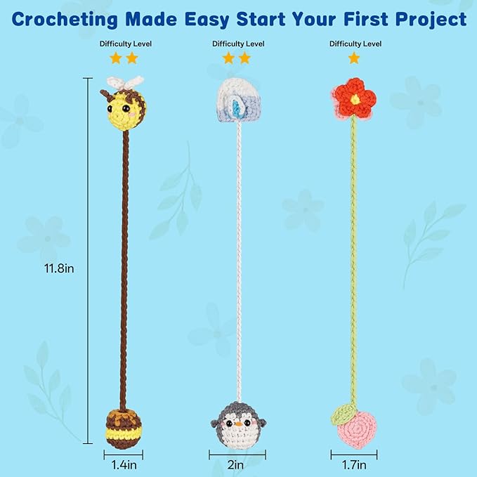 WaldyWop Crochet Kit for Beginners: 3 Animal & Flower Bookmarks Knitting Kits for Girls w/Easy Yarn, Crochet Hook & Easy Video Tutorials-Wobbles Crochet Animal Kit for Adults, Birthday Gifts for Women