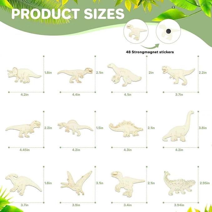36 Pcs DIY Wooden Magnets, Unfinished Wood Dinosaur Animal Cutouts Ornaments for Crafts, Wooden DIY Paint Craft,Wood Discs Slices Dino Shapes Blank Hanging Embellishment for Kids Home Decor
