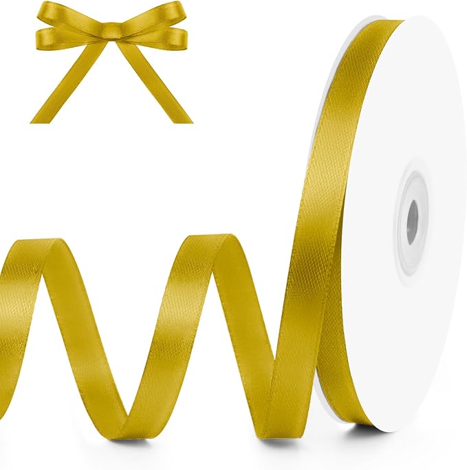 KMER LIFE 3/8" Wide x 50 Yards Golden Single Faced Polyester Satin Ribbon, Golden Satin Ribbon Perfect for Wedding Decor, Wreath, Crafts, Gift Wrapping & Other Projects (Golden)